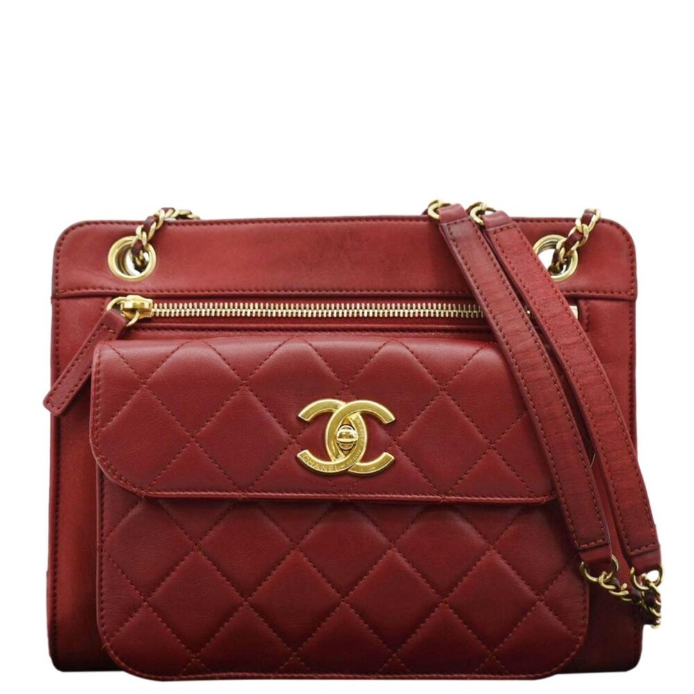 CHANEL  Square Front Pocket Quilted Leather Chain Crossbody Bag Red